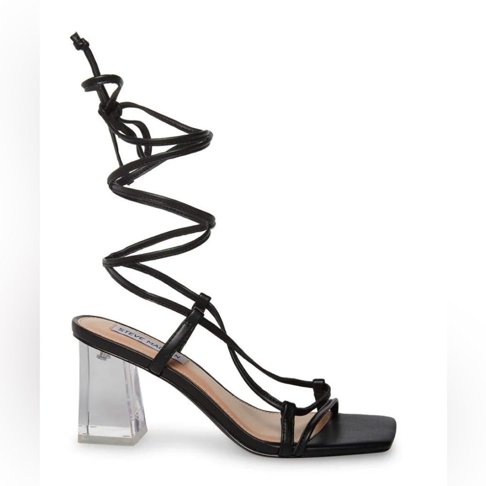 STEVE MADDEN Sz 8.5 Lavina Strappy Sandals Clear Block Heels Ankle or Leg Wrap